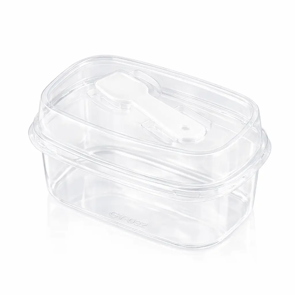 empty-clear-high-lid-pet-dessert-box-spoon-lid Empty clear high-lid PET dessert box with integrated spoon lid