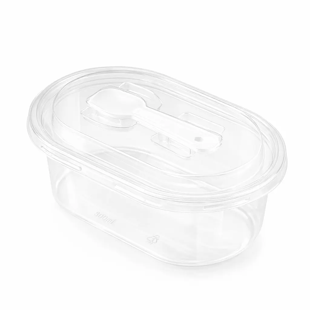 empty-clear-oval-pet-cake-container-spoon-lid Empty clear oval PET cake container with integrated spoon lid