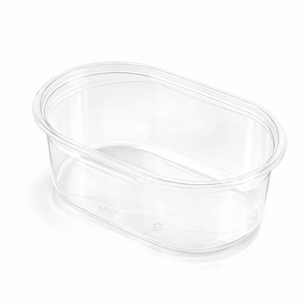 empty-clear-oval-pet-food-container-base Empty clear oval PET food container base for bakery dessert packaging