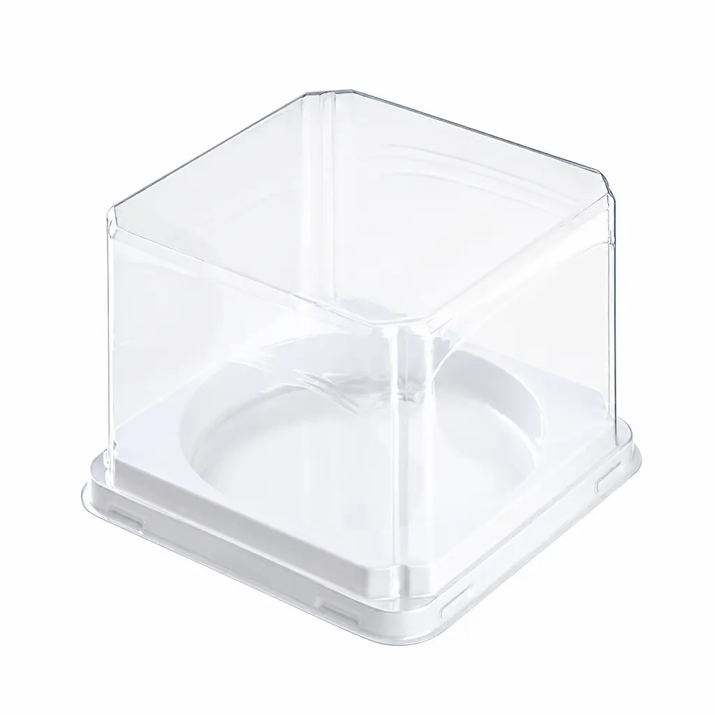 empty-clear-pet-rpet-mini-cake-container-square-lid-white-base Empty Clear PET/RPET mini cake container with transparent square lid and white base tray