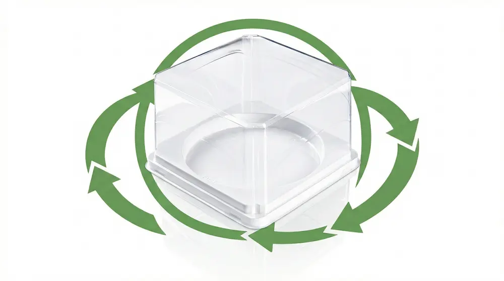 Empty clear PET/RPET small cake container with recyclable packaging concept