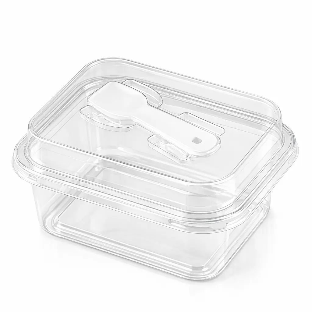 empty-clear-rectangular-pet-dessert-box-spoon-lid Empty clear rectangular PET dessert box with integrated spoon lid