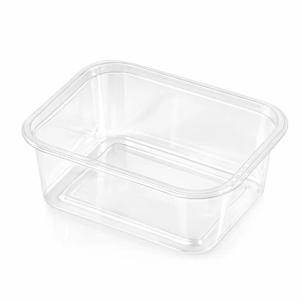 empty-clear-rectangular-pet-food-container-base Empty clear rectangular PET food container base for bakery dessert packaging