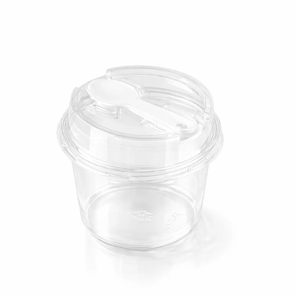 empty-clear-round-pet-dessert-cup-spoon-lid Empty clear round PET dessert cup with integrated spoon lid