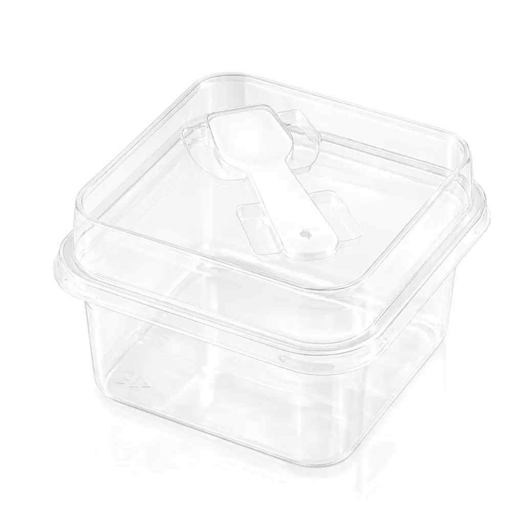 empty-clear-square-pet-dessert-box-spoon-lid Empty clear square PET dessert box with integrated spoon lid