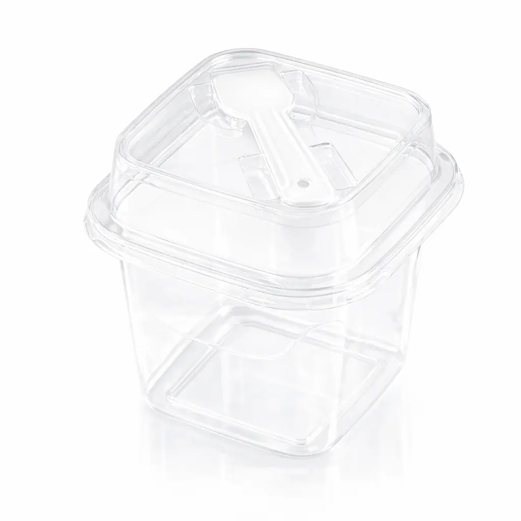 empty-clear-square-pet-dessert-cup-spoon-lid Empty clear square PET dessert cup with integrated spoon lid