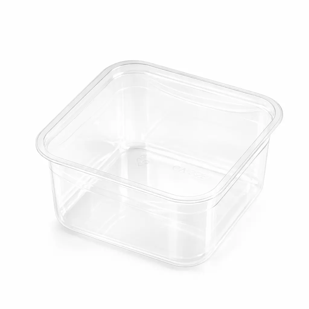 empty-clear-square-pet-food-container-base Empty clear square PET food container base for dessert and bakery packaging