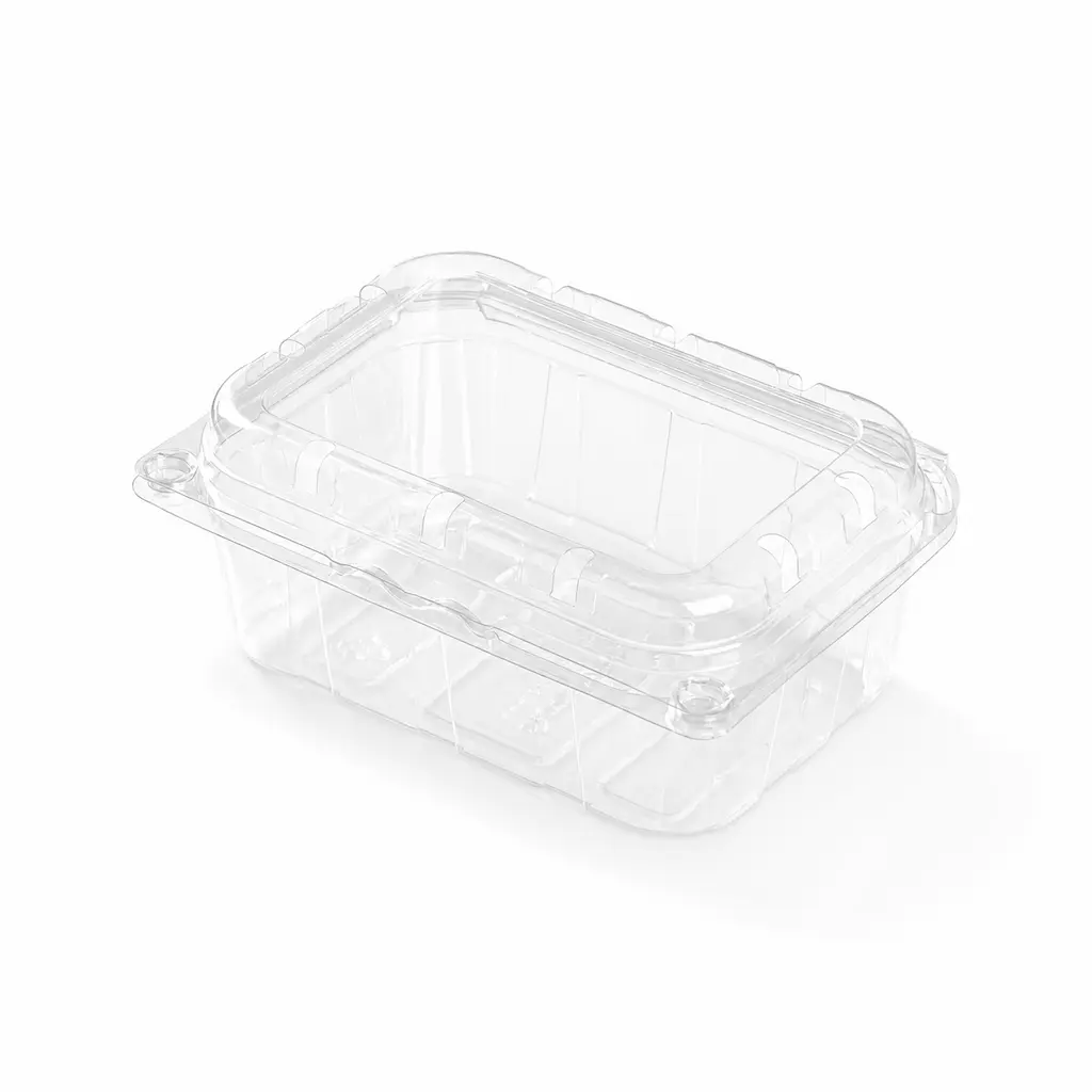 empty-small-vented-anti-fog-fruit-clamshell-container Empty small vented anti-fog fruit clamshell container with hinged lid