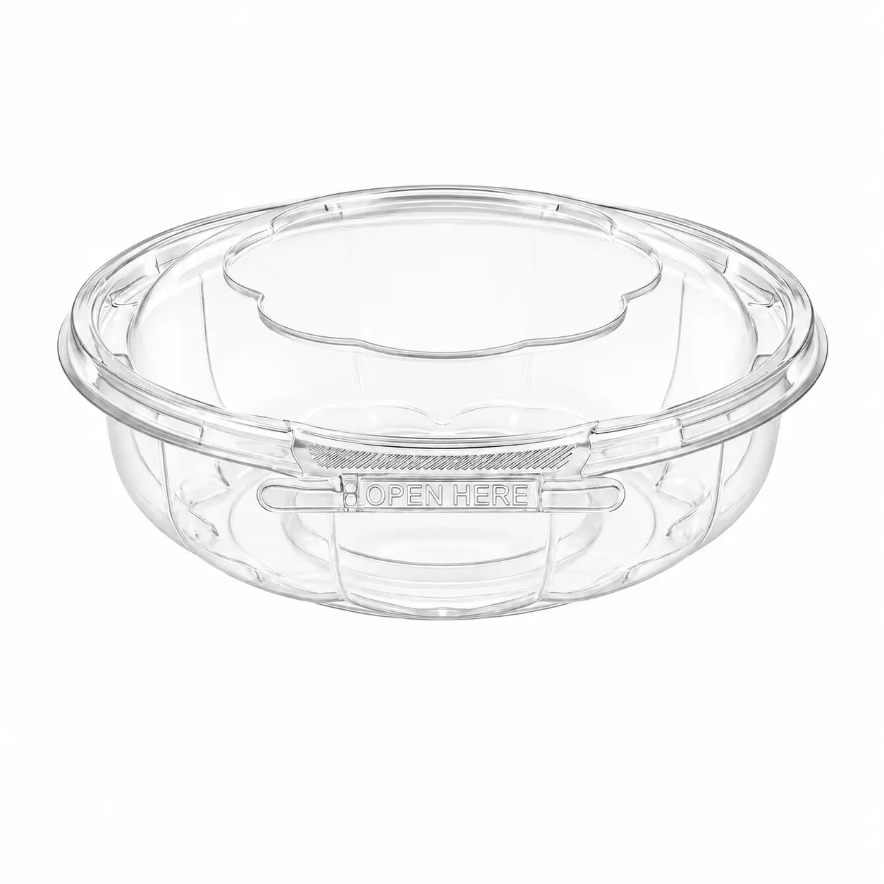 empty-tamper-evident-clear-pet-round-bowl-anti-fog-dome-lid Empty tamper evident clear PET round bowl with anti-fog dome lid and open here latch