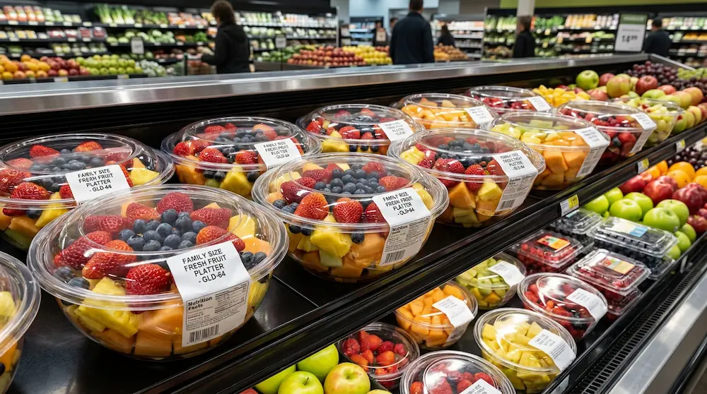 Family-size clear PET bowl for fresh fruit platter in supermarket display