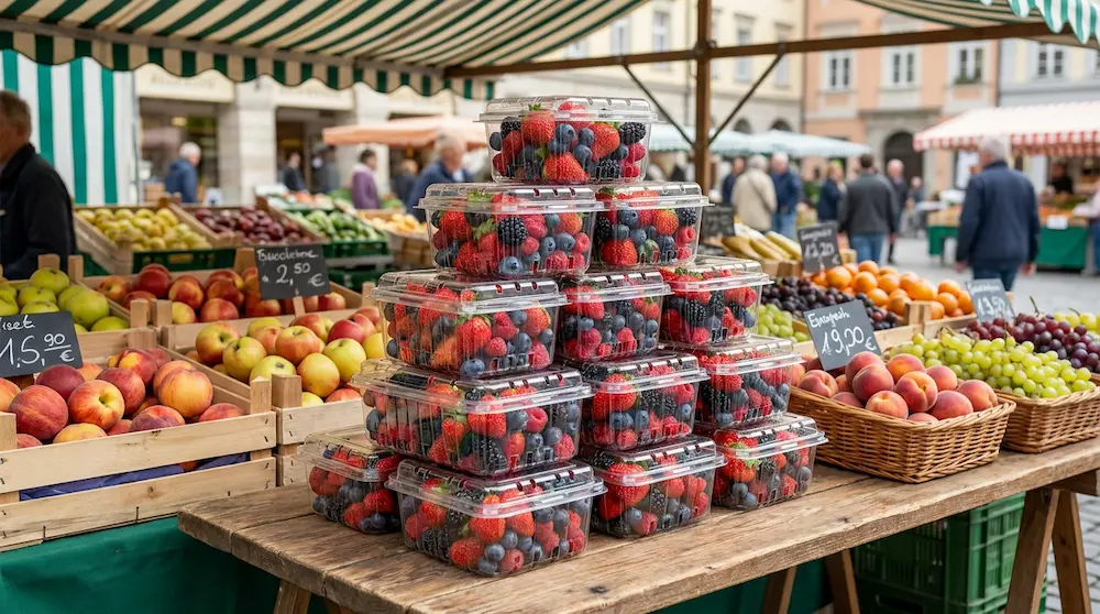 GLD-250D vented PET rPET berry clamshell container for fresh market pyramid display