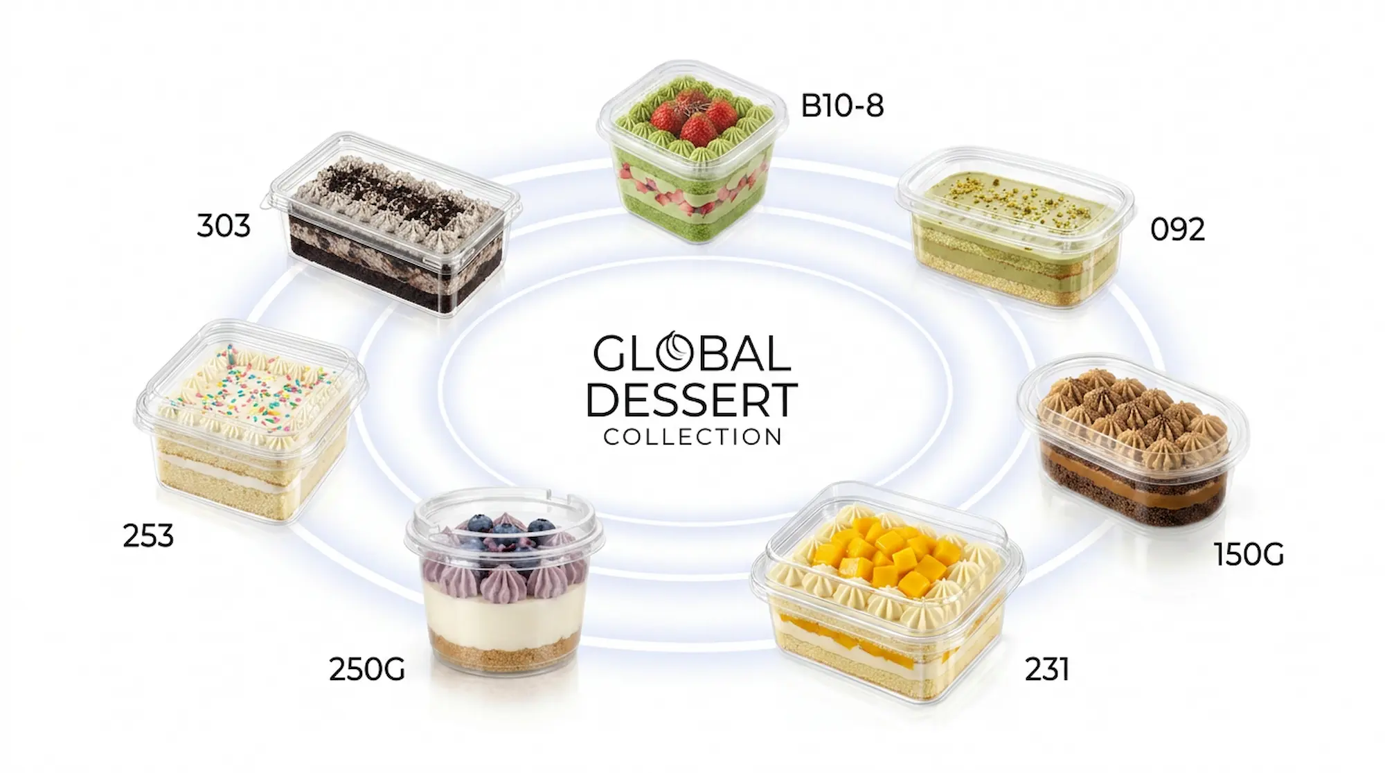 Global dessert collection in clear plastic cake boxes, featuring multiple transparent dessert containers for cakes, mousse, tiramisu, fruit desserts, and bakery display packaging.