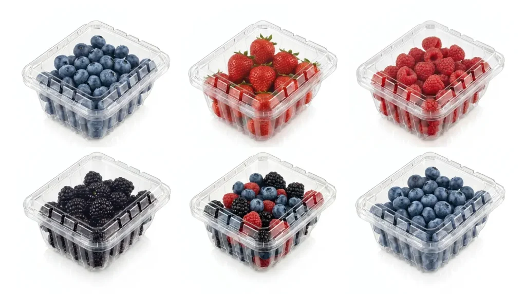 High-Quality 6oz Flip-Top Berry Container assortment with blueberries, strawberries, raspberries, blackberries, and mixed berries