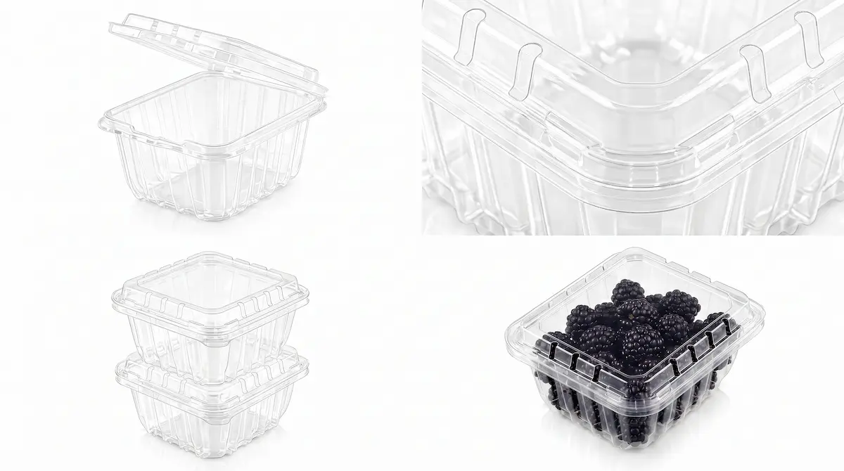 High-Quality 6oz Flip-Top Berry Container feature collage showing open view, closure detail, stackability, and blackberry packaging
