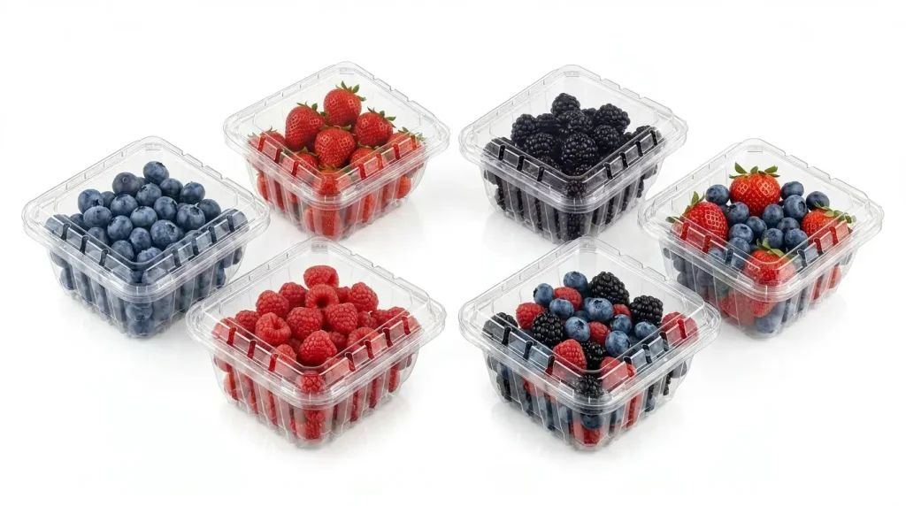 High-Quality 6oz Flip-Top Berry Container group display with assorted berry packaging applications