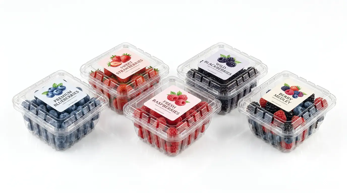 High-Quality 6oz Flip-Top Berry Container assortment with labels for blueberries, strawberries, raspberries, blackberries, and berry medley