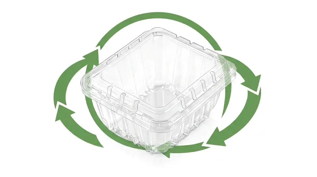 High-Quality 6oz Flip-Top Berry Container with green recycling arrows for recyclable PET packaging concept