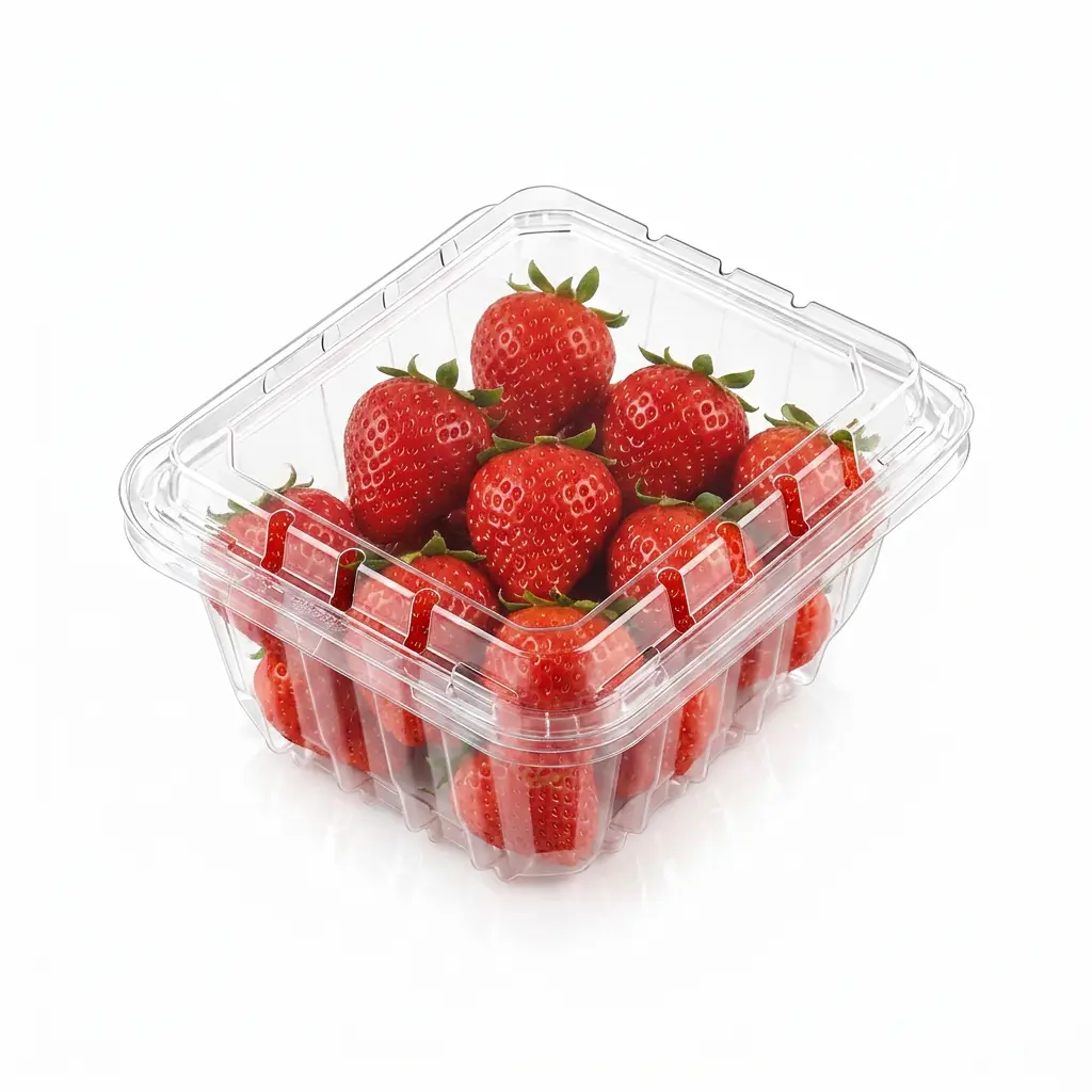 High-Quality 6oz Flip-Top Berry Container filled with fresh strawberries in clear PET packaging