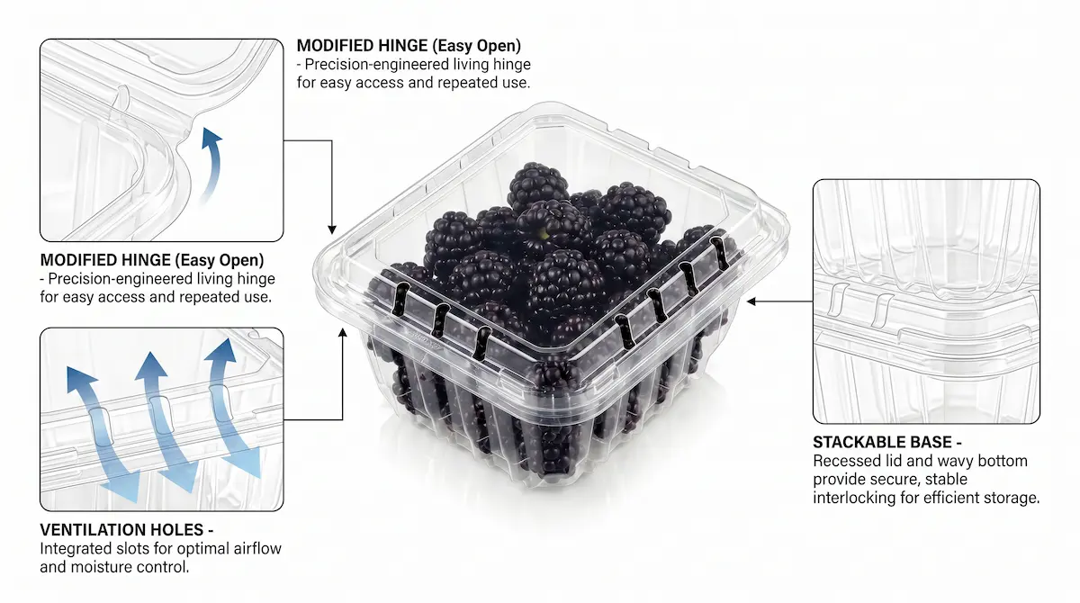 High-Quality 6oz Flip-Top Berry Container feature diagram showing modified hinge, ventilation holes, and stackable base