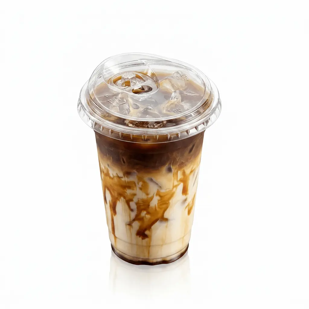 iced-coconut-latte-clear-pet-cup-flat-lid Iced coconut latte in clear PET cup with flat lid for takeaway cold drinks