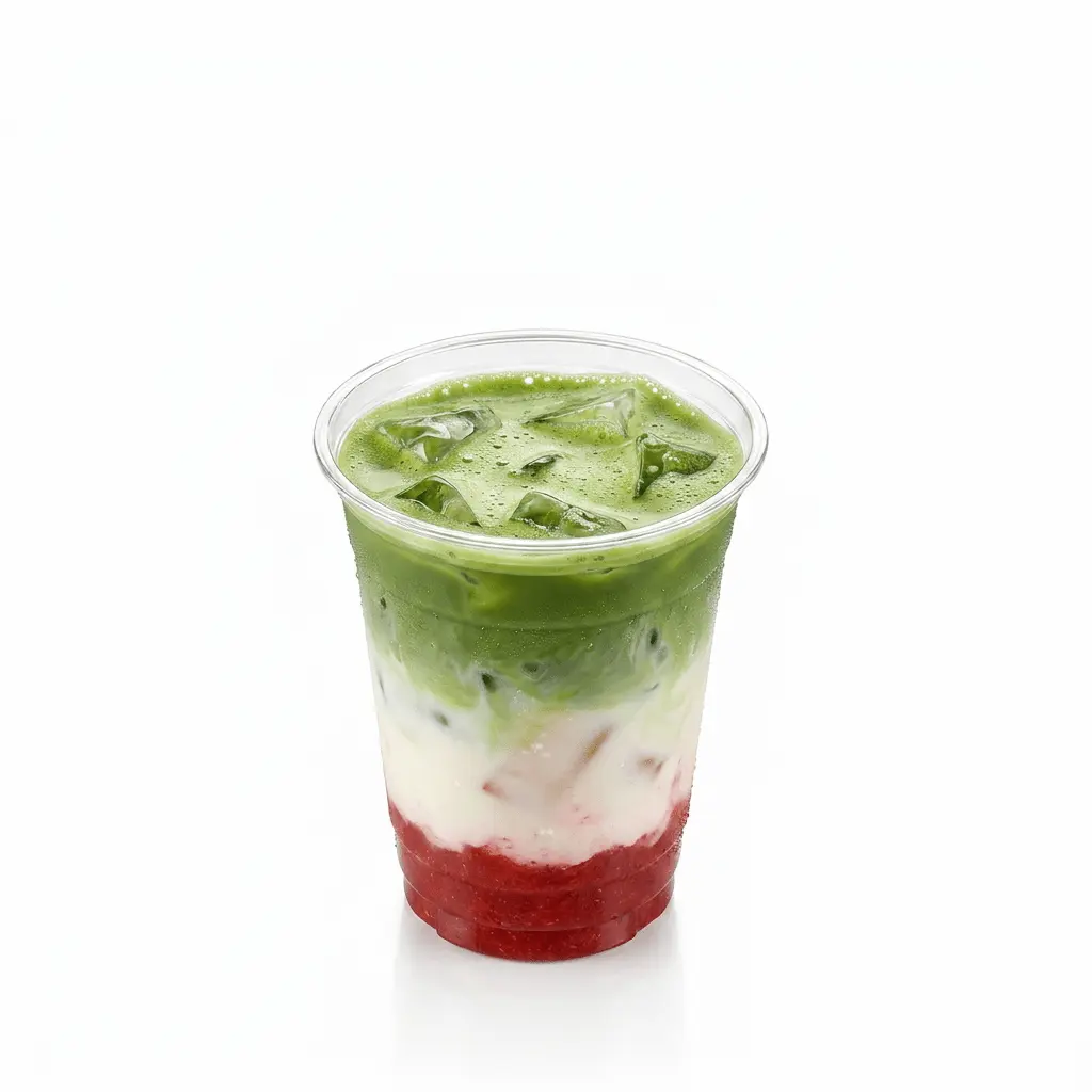 iced-strawberry-matcha-latte-12oz-pet-cup Iced strawberry matcha latte in clear 12oz PET cup