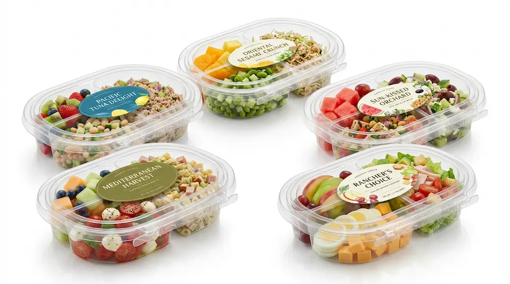 Labeled 24 oz RPET three-compartment tamper evident food containers for retail display