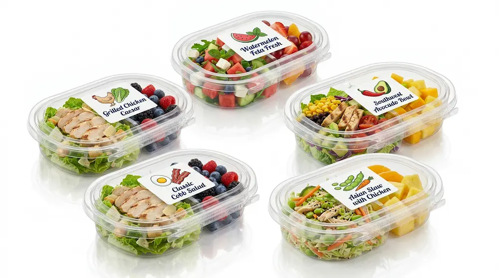 Labeled 24 oz RPET two-compartment tamper evident food containers for retail display