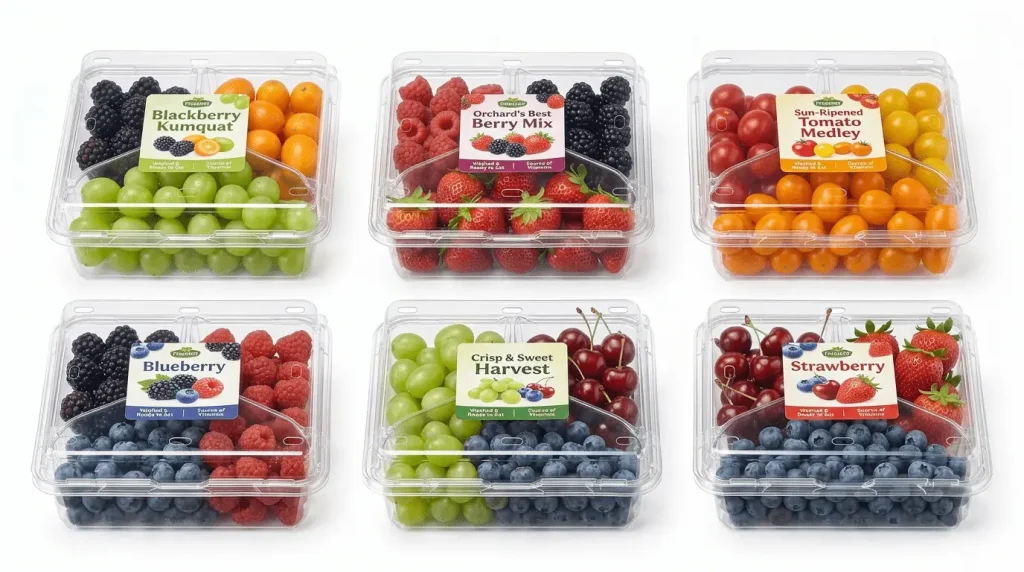 Front display of labeled 3 Compartment PET Clamshell Containers for fruit packaging