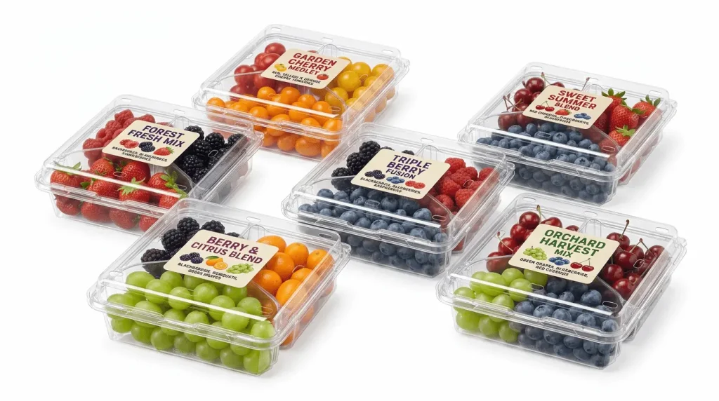 Group display of labeled 3 Compartment PET Clamshell Containers with custom fruit labels