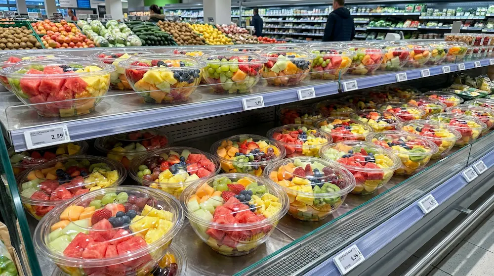 Large clear PET salad bowl for fresh-cut fruit and mixed fruit display