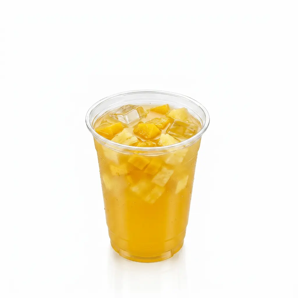 mango-pineapple-refresher-12oz-pet-cup Mango pineapple refresher in clear 12oz PET cup with ice and fruit pieces