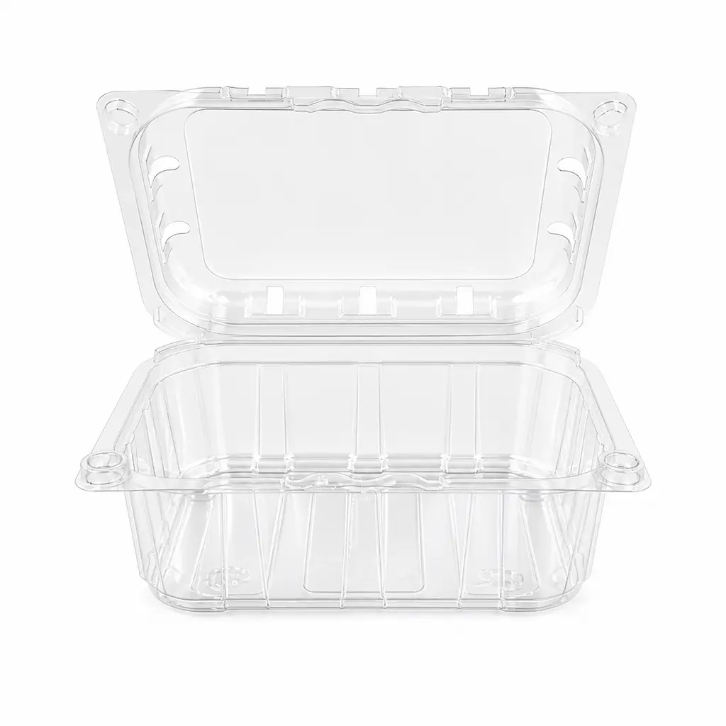 open-small-vented-anti-fog-fruit-clamshell-container Open small vented anti-fog fruit clamshell container with clear PET structure