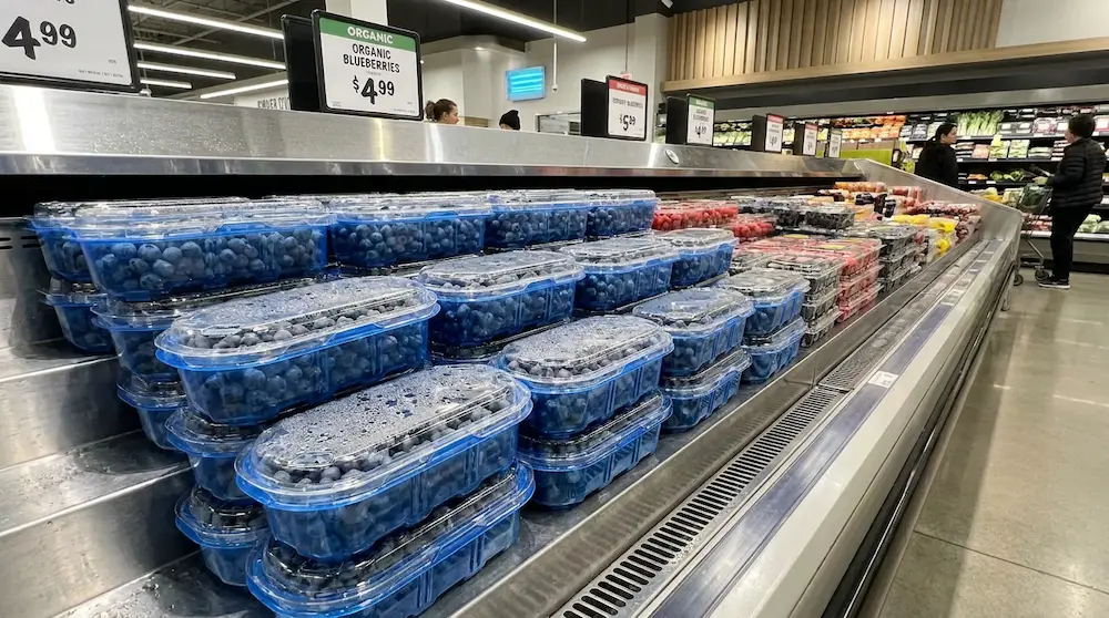 organic blueberries in 250g blue base clamshell boxes on grocery store produce shelf
