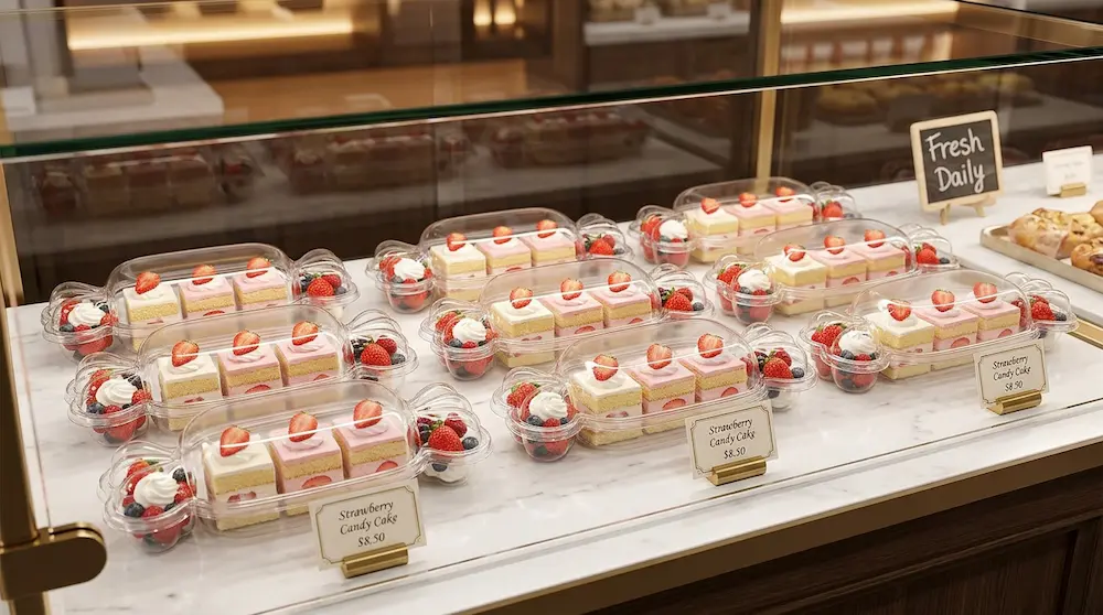 PET candy shape container with lid displayed in a premium bakery case with strawberry cakes and berries