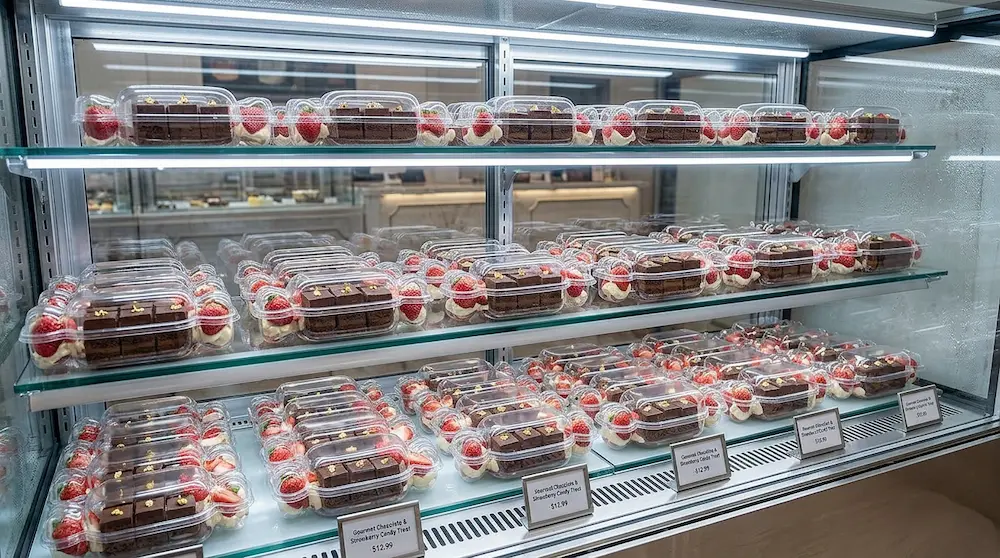 PET candy shape container with lid for chocolate cake and strawberry desserts in a refrigerated display
