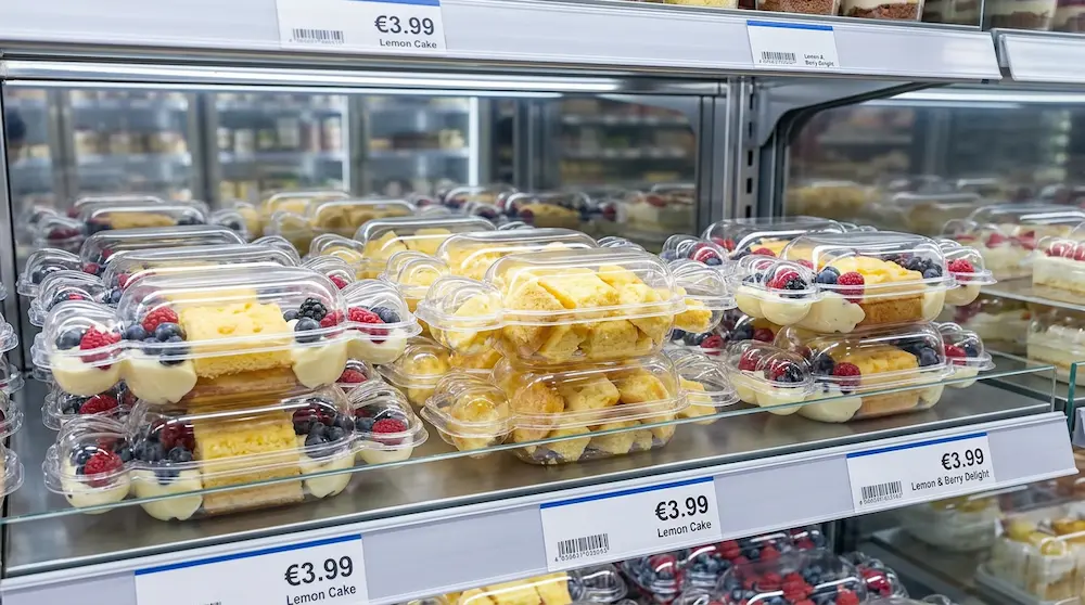 PET candy shape container with lid for lemon cake and berries on a European supermarket dessert shelf