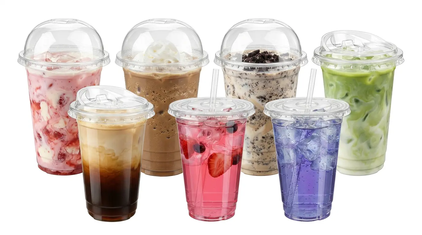 PET cold drink cups with dome lid flat lid and sip lid options
