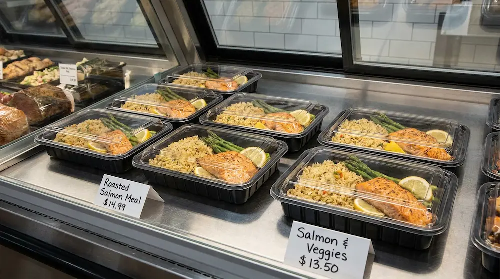 PP deli containers with clear separate lids for roasted salmon meal display