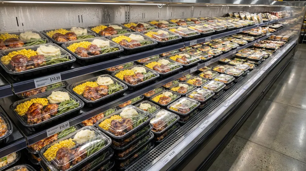 PP deli food containers with separate clear lids displayed on a grocery prepared food shelf