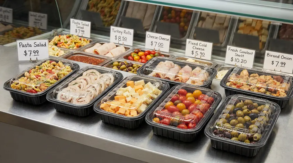 PP food container with clear separate lid for deli cold food counter