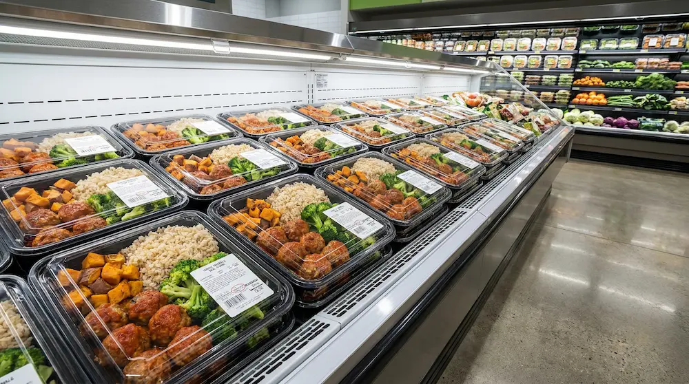 PP food containers with separate clear lids for premium supermarket meal prep display
