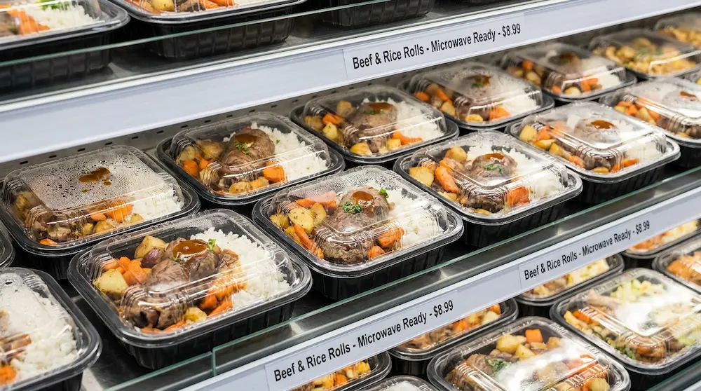 PP food container with separate lid for ready to heat beef and rice meal shelf