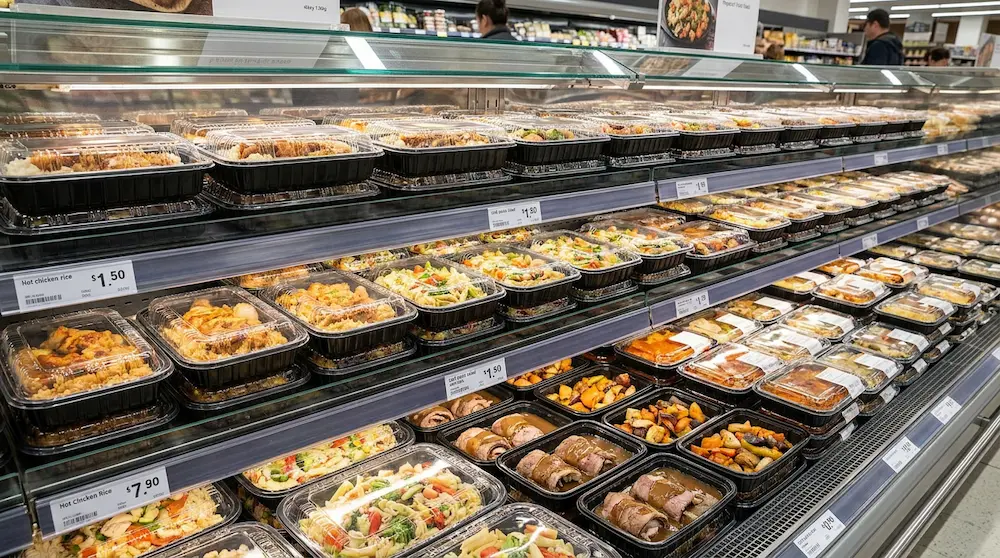PP food container with separate lid for high volume supermarket prepared food aisle