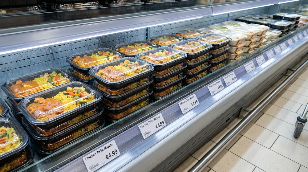 PP prepared food containers stacked in a European supermarket chilled ready meal section