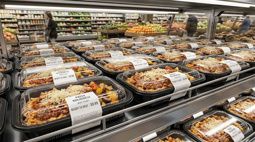 PP prepared food containers for hot and chilled pasta ready meals in a supermarket display