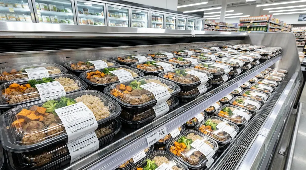 PP prepared food containers with nutrition labels for premium supermarket meal prep display