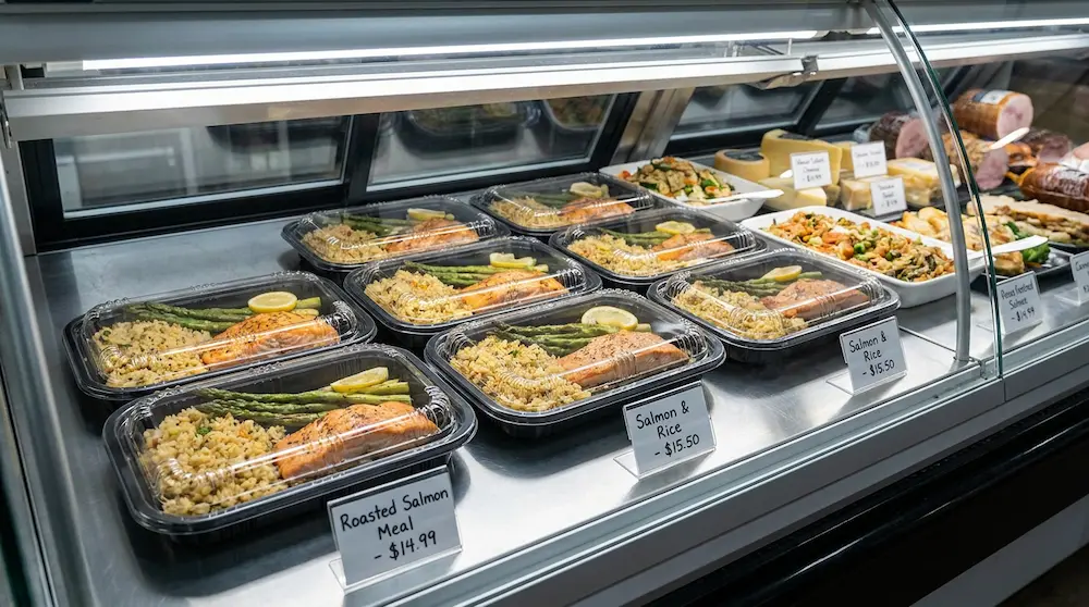 PP prepared food containers used for roasted salmon and rice meals in a deli counter display