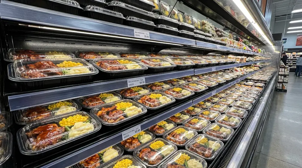 PP prepared food containers displayed in a supermarket chilled ready meal wall with BBQ chicken and side dishes