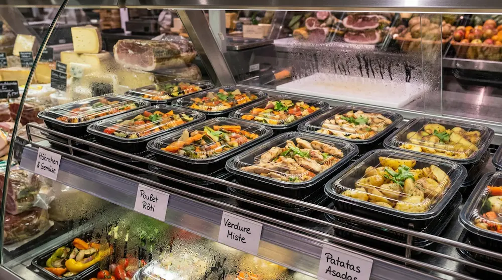 PP prepared meal containers with separate clear lids for European deli hot food display