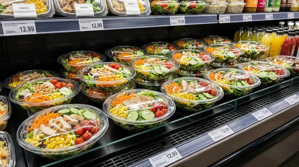 Premium 40OZ PET salad bowl for large ready-to-eat salads in upscale supermarket display